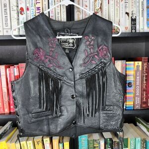Black Leather Vest with Fringe and Embroidery